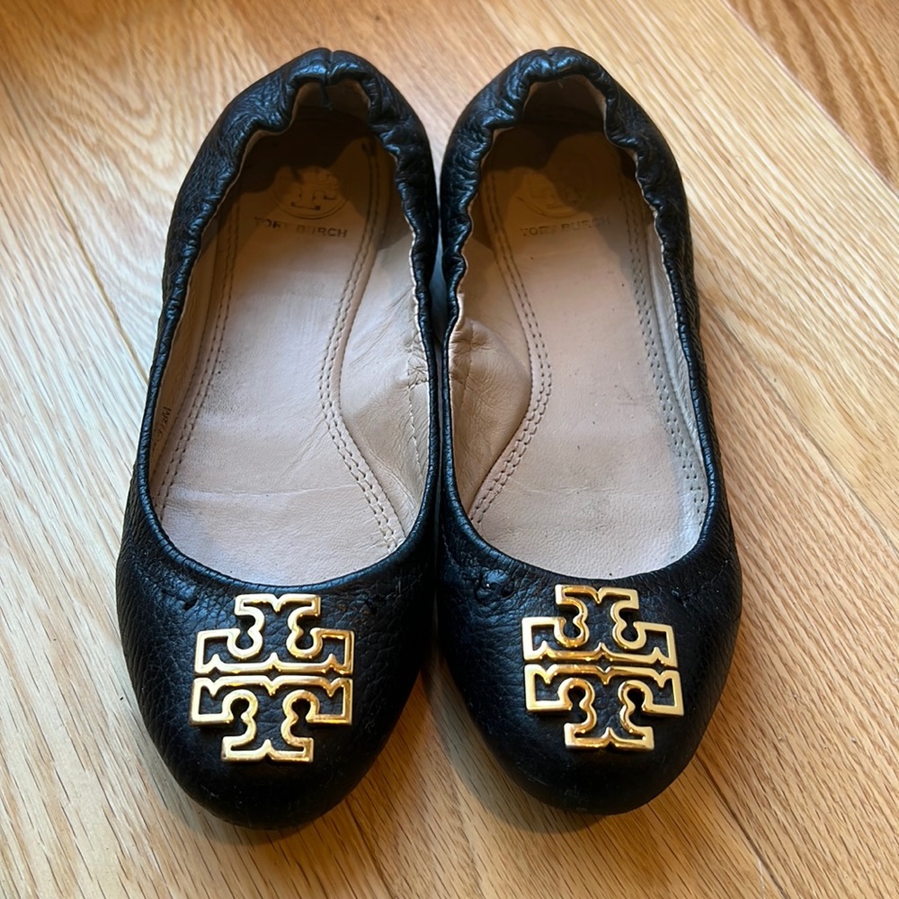 Tory Burch Black Leather Reva Ballet Flats with Gold Logo